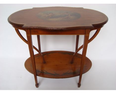 A late Victorian Sheraton Revival painted occasional table, the top with wavy edge and projecting D shaped ends painted to ce