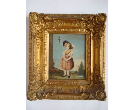 R. H. C Ubsdell (1812 - 1887).
Portrait of a young girl wearing a plumed hat and holding flag C. 1845, watercolour, signed lo