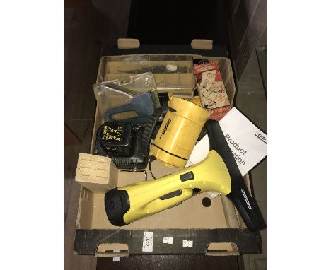 BOX OF TOOLS - DEWALT DRILL ETC .