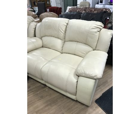 1 PAIR OF CREAM LEATHER MANUAL RECLINING SOFAS & POUFFEE