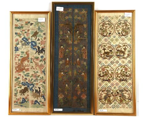A Chinese textile, presumably a pair of conjoined sleeve bands; each one decorated with Scholars and other figures; together 