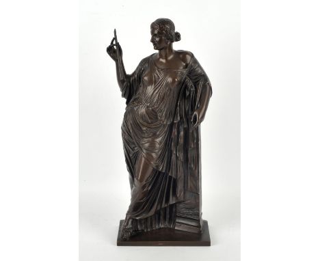 Barbedienne, a bronze sculpture of a muse, probably Euterpe, modelled standing leaning against a column, holding two pipes, t