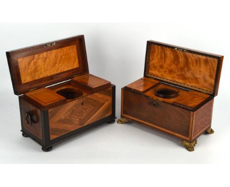 A Regency mahogany and banded tea caddy, ebony strung, the satinwood interior with a central mixing bowl and two removable ca