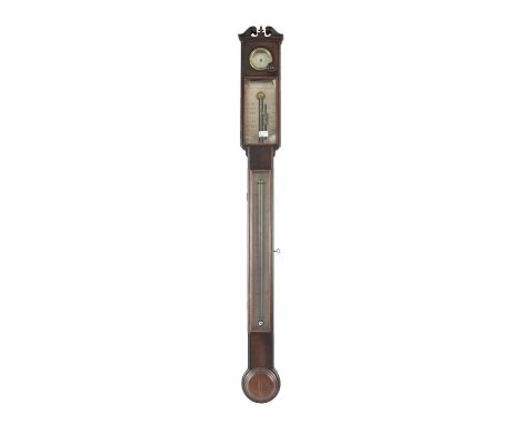 A George III mahogany stick barometer, with broken arch pediment over a circular Dry/Moist dial, silvered rectangular plate d