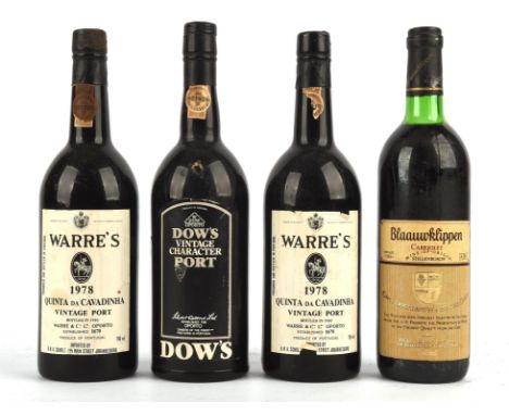 Port, Warres Quinta da Cavadinha, 2 bottles; Dows Vintage Character Port, 1 bottle; Blaauwklippen Cabriolet 1988, 1 bottle (4