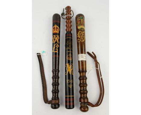 A George V ebony and painted commemorative truncheon, L 38cm, the strap with impressed mark for Hyatt and co. Birmingham,  a 