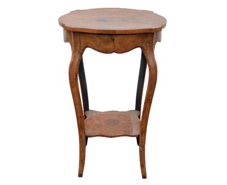Victorian walnut and inlaid work box, with lifting lid, to enclose a tray with divisions, on cabriole legs, with shelf beneat