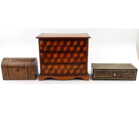 A Victorian miniature parquetry chest of drawers, with walnut and maple rolling cube to the three drawers, the top and sides 