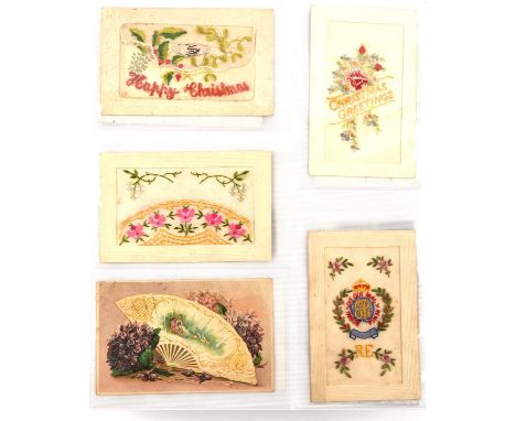 A collection of post cards, 20th Century, to comprise four embroidered Christmas/Regimental cards, together with cards relate