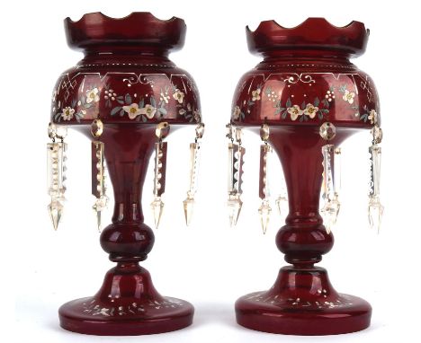 Pair of ruby glass lustres, 19th Century, with enamelled decoration, and pendant lustres, 33cm high (2)