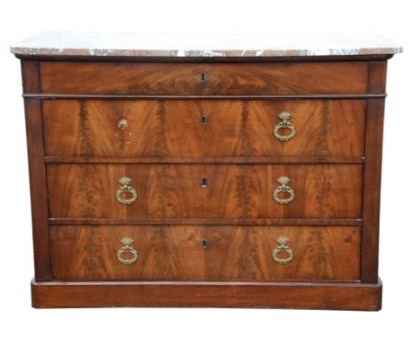 A French Louis Phillippe mahogany commode, with variegated marble top, flame veneered and with four drawers, marble damaged, 