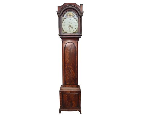 A George III mahogany longcase clock, the painted arched 13inch face with seconds dial and date aperture, the hood with stop 