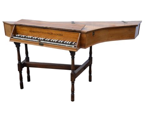 A walnut cased spinet, 'Henricvs Tvll Fecit Londini', by Henry Tull, c late 1920s / early 1930s, with Gothic style brass moun