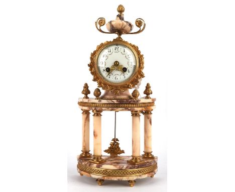 A Louis XVI style marble mantel clock, late 19th century, the painted 9cm enamel dial above a two tier architectural marble c