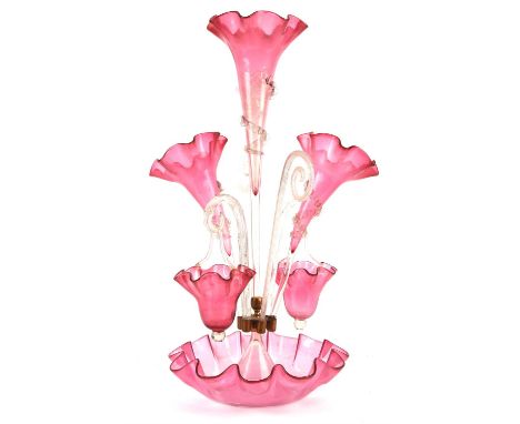 Victorian clear glass and ruby glass epergne, with three trumpets, and two hanging baskets, 53cm high