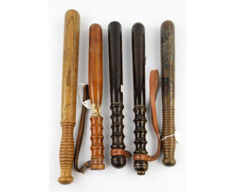 A Victorian alderwood and painted truncheon, painted decoration worn, L 38cm, together with a Victorian oak/ash example, insc