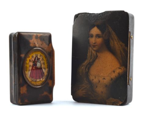 19th century German rectangular, lacquered  papier Mache snuff box snuff box, the cover painted with a portrait of Mdme. Damo