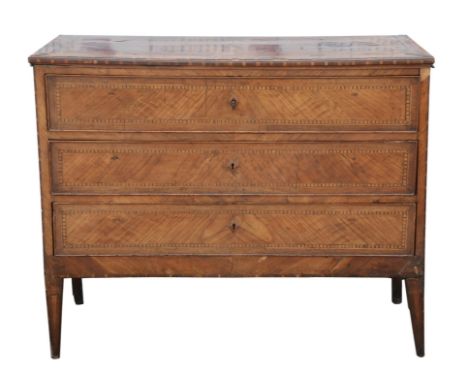 An Italian/South German fruitwood and inlaid commode, late 18th century, chequer banded, the quarter veneered top above three