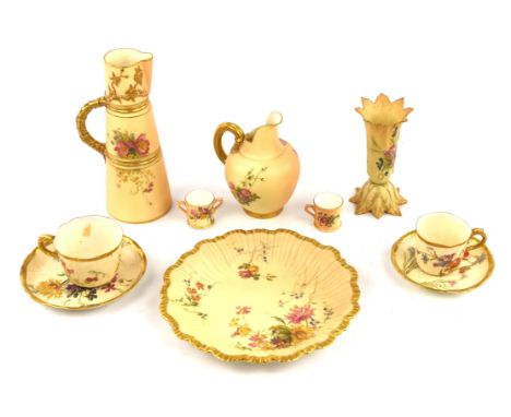 A collection of Royal Worcester blush ivory porcelain wares, C.1900, including ; a tapering jug, pattern No 1047, height 20.5