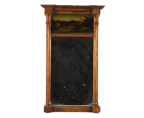 A Regency giltwood and gesso small pier mirror, the stepped cornice above a reverse glass panel depicting a Chinese style boa