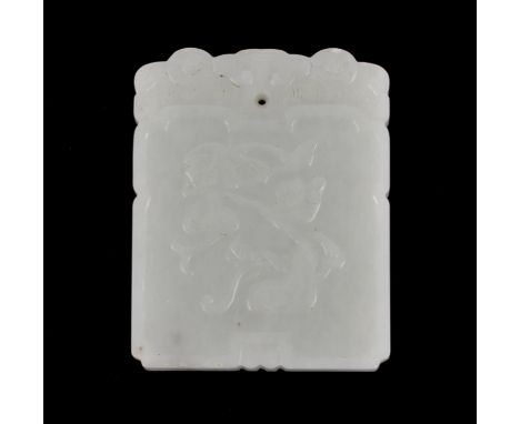 A small green jade rectangular pendant with small suspension hole; with a four-character inscription, and a fruit or gourd de