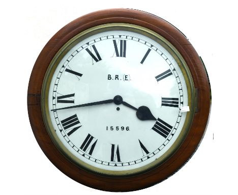 Victorian mahogany railway clock, the enamelled dial with Roman numeral chapter ring, marked and numbered to dial BR (East) 1