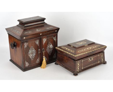 William IV rosewood and mother of pearl sewing cabinet, the lifting lid to reveal a mirror to the interior, with six mother o