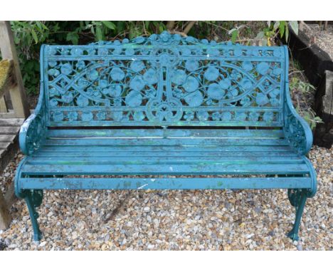Green painted aluminium garden bench, in the manner of Coalbrookedale, moulded with ivy leaves, 80cm high x 128cm wide x 71cm