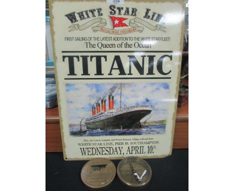 Titanic metal advertising sign + Titanic large brass compass