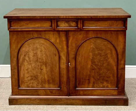 EARLY VICTORIAN MAHOGANY CHIFFONIER BASE, the straight edge rectangular top over one long and one short drawers and two arche