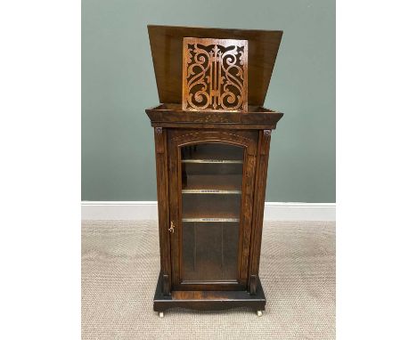 VICTORIAN ROSEWOOD MUSIC SHEET CABINET, rectangular top, with carved corbel pillar details flanking a single glazed door to a