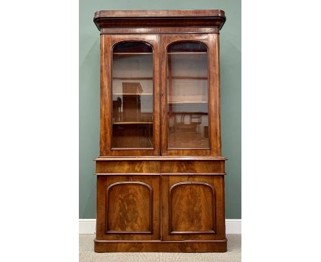 VICTORIAN MAHOGANY CWPWRDD GWYDR, having an inverted shaped cornice over twin arched top glazed doors and interior adjustable