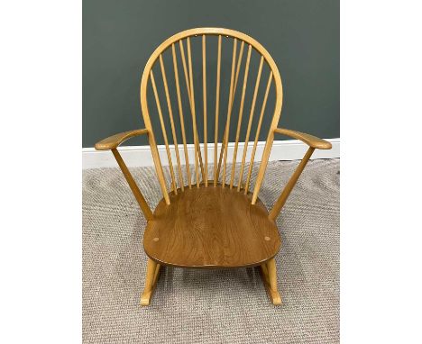 ERCOL LIGHT ELM STICK BACK ROCKING ARMCHAIR, with clip on upholstered pads, 97cms H, 75cms W, 80cms D