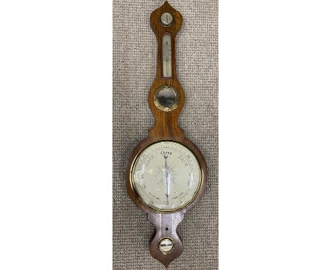 ANTIQUE MAHOGANY WALL BAROMETER WITH THERMOMETER &amp; OTHER DIALS, banjo shape with central brass framed mirror, 102cms H, 3