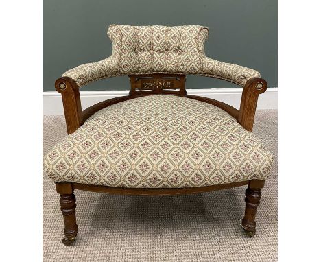 EDWARDIAN INLAID MAHOGANY SALON TUB CHAIR, classically reupholstered with button back rail and arms and stuffed seat, on turn