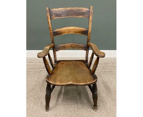 PLUS LOT 46 - ANTIQUE FARMHOUSE ARMCHAIR, curved ladder back and swept arms on turned spindle supports, shaped solid seat on 