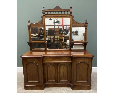 VICTORIAN &amp; LATER MAHOGANY MIRROR BACK SIDEBOARD, the inverted breakfront base having segmented edge moulding and canted 