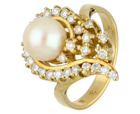 No Reserve - 18K yellow gold ring with paisley motif set with cultivated pearl and approx. 0.28 ct. diamond. Set with a culti