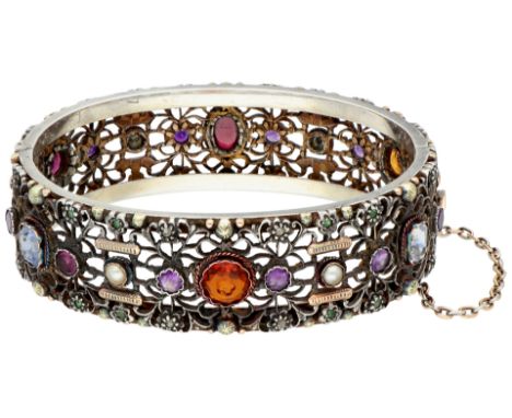No Reserve - Silver vintage bangle bracelet with gold details and various gemstones. Various gold and silver contents, base m