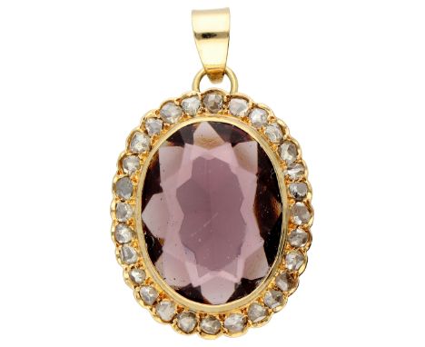 No Reserve - 14K Yellow gold vintage entourage pendant set with a purple color stone and rose cut diamonds. Set with a facete