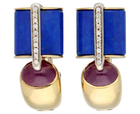 No Reserve - 18K Yellow gold Centoventuno design stud earrings with lapis lazuli and ruby. Set with cabochon cut lapis lazuli