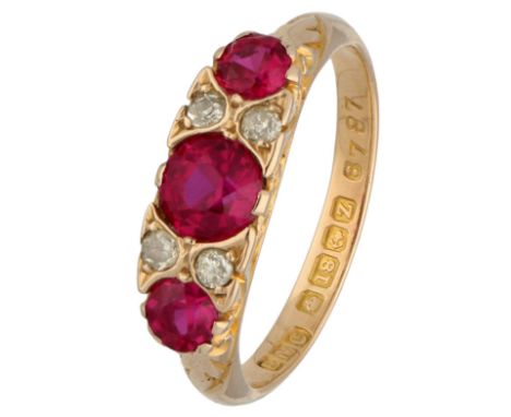 No Reserve - 18K Yellow gold vintage ring with diamond and synthetic rubies. Set with single cut cut diamond(I2-I3/I-J) and f