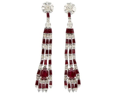 No Reserve - 18K White Gold Art Deco style earrings set with approx. 3.28 ct. natural ruby ​​and diamond. Earrings with 3 sep