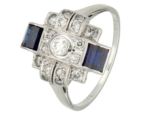 No Reserve - Platinum/golden Art Deco ring set with approx. 0.40 ct. diamond and sapphire. Set with 16 single cut diamonds of