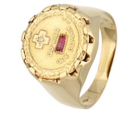 No Reserve - 18K Yellow gold Alphonse Augis Plus qu'hier moins que demain ring Set with diamond and synthetic ruby. In good c