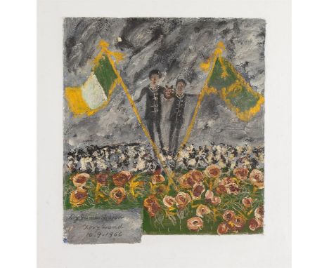 James Dixon (1887-1970)Figures with FlagsOil on paper laid on board, 38.7 x 33.4cm (15¼ x 13'')Signed and inscribed “Tory Isl