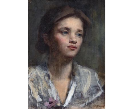 Sarah Purser HRHA (1848-1943)Portrait of a Young Girl with FlowerOil on canvas, 35 x 25cm (13¾ x 9¾'')SignedThis appears to b