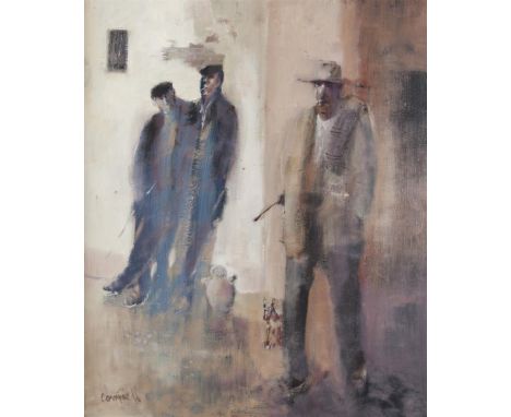 George Campbell RHA (1917-1979)Farmers at Bus Stop, RhondaOil on board, 75 x 62.5cm (29½ x 24½'')Signed; signed again and ins
