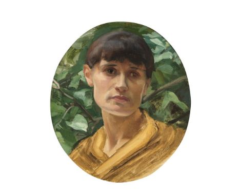 Sarah Purser HRHA (1848-1943)Portrait of a Woman against Foliage Oval oil on canvas, 40 x 34cm (15¾ x 13½'')SignedExhibited: 