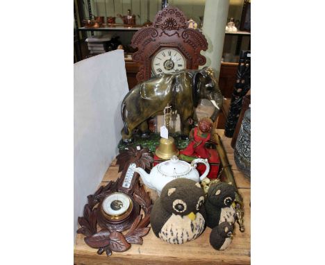 Clapping vintage monkey toy, pot elephant, barometer, owl soft toys, carved wood mantel clock, etc.